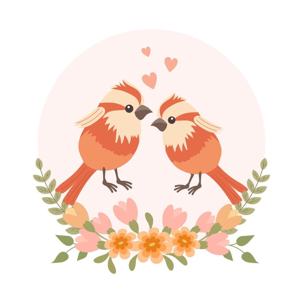 Cute cartoon love birds in a flower frame. Design for greeting card, invitation card for wedding, birthday. Vector