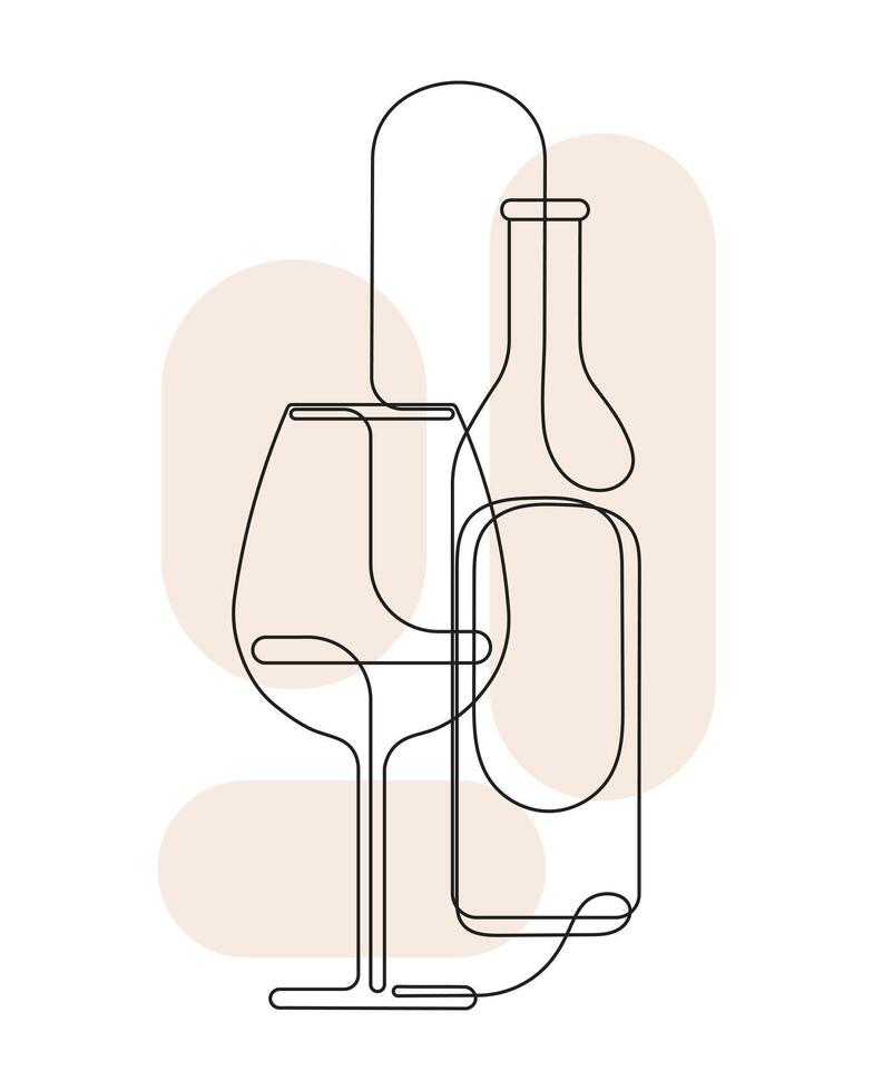 Wine bottle and glass with wine, one line sketch. Line art, vector