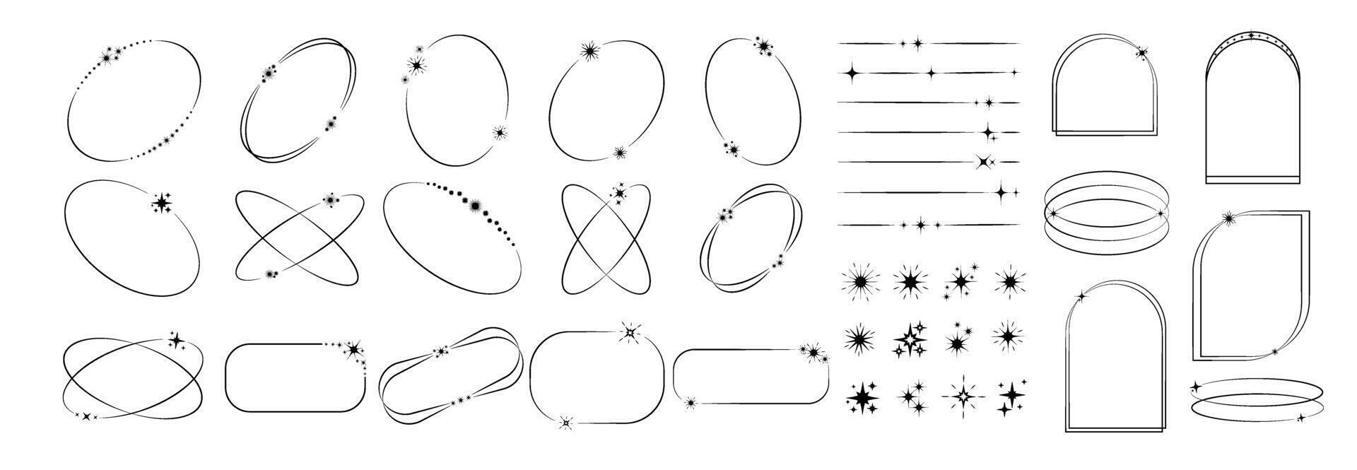 y2k geométrico formas conjunto . de moda diseño en negro color con marco, Brillantina, estrella, líneas. estético retro vector elemento ilustrado para pancartas, social medios de comunicación, póster diseño