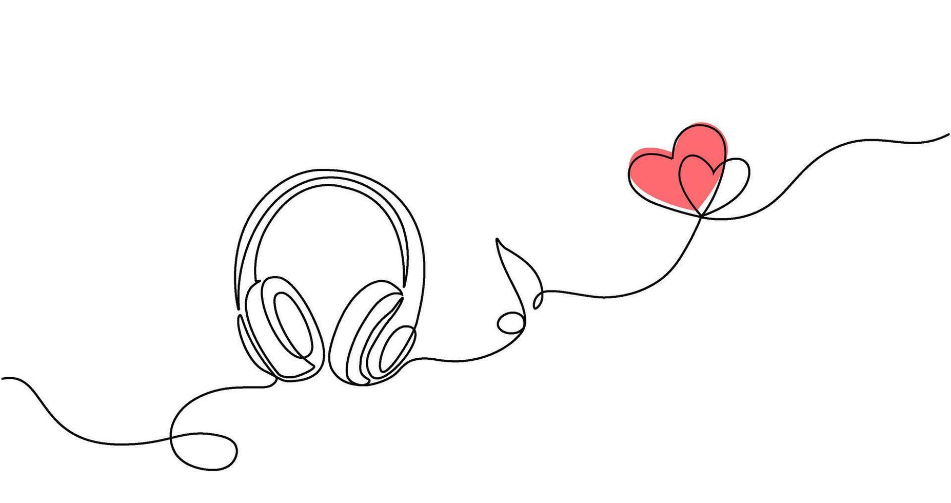 Headphones with music notes continuous one line drawing. Lineart concept of musical symbol. Vector illustration.