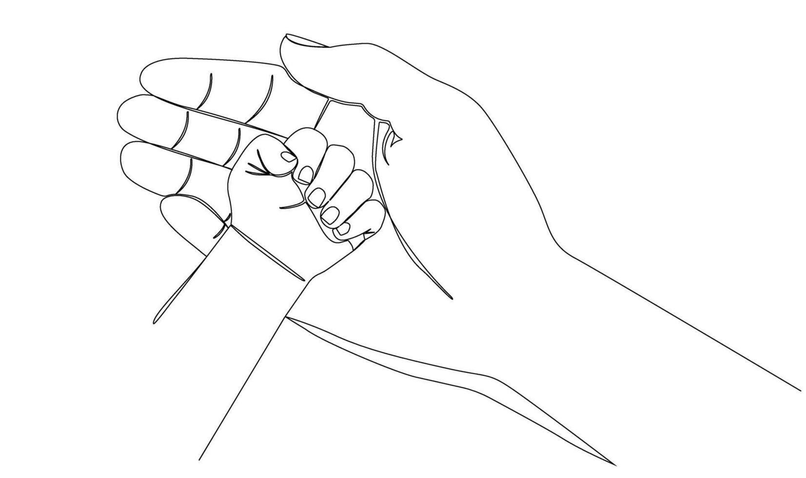 Continuous line art of a child's hand resting on the palm of the mother's hand. Vector illustration
