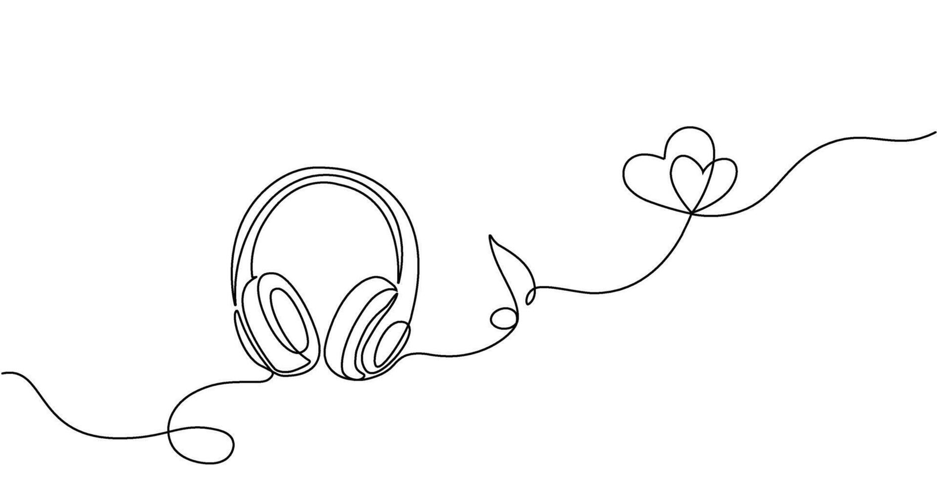 Headphones with music notes continuous one line drawing. Lineart concept of musical symbol. Vector illustration.