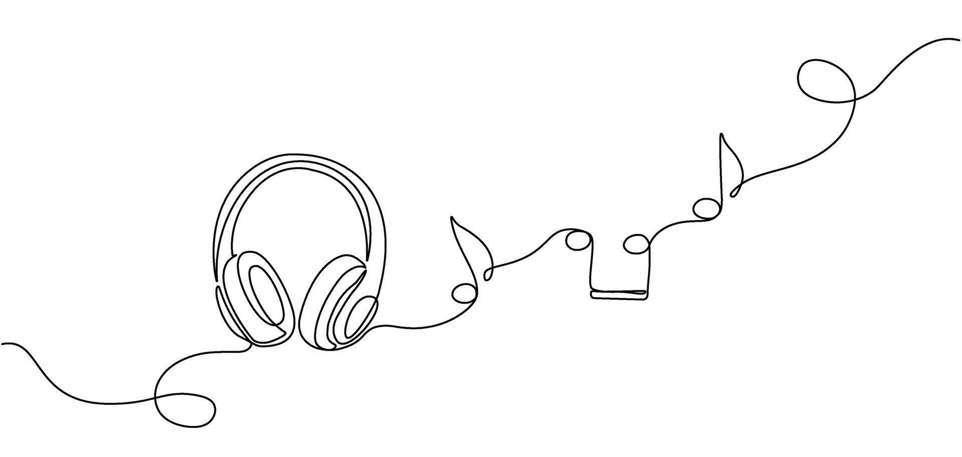 Headphones with music notes continuous one line drawing. Lineart concept of musical symbol. Vector illustration.