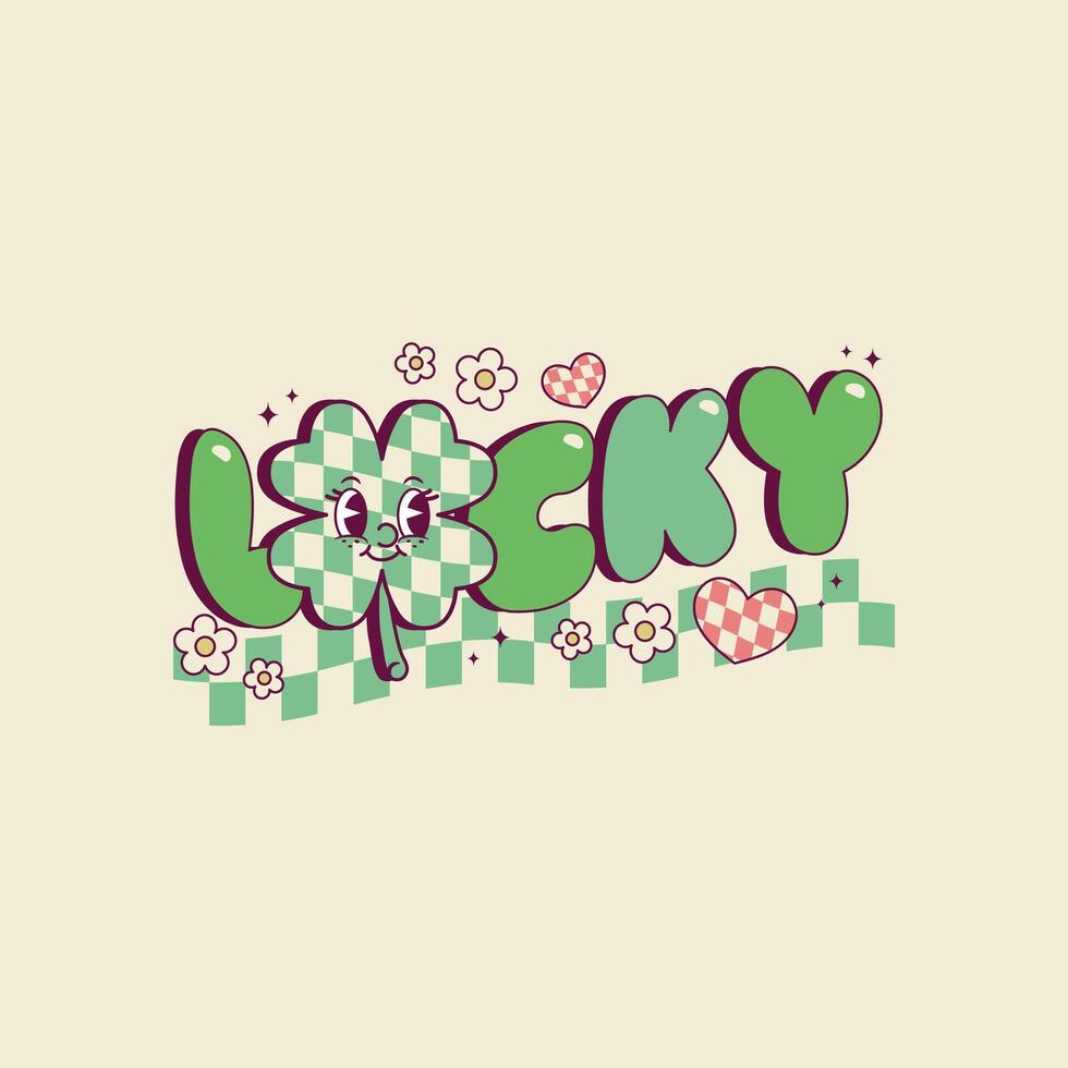 cute retro illustration of the word lucky with a clover vector