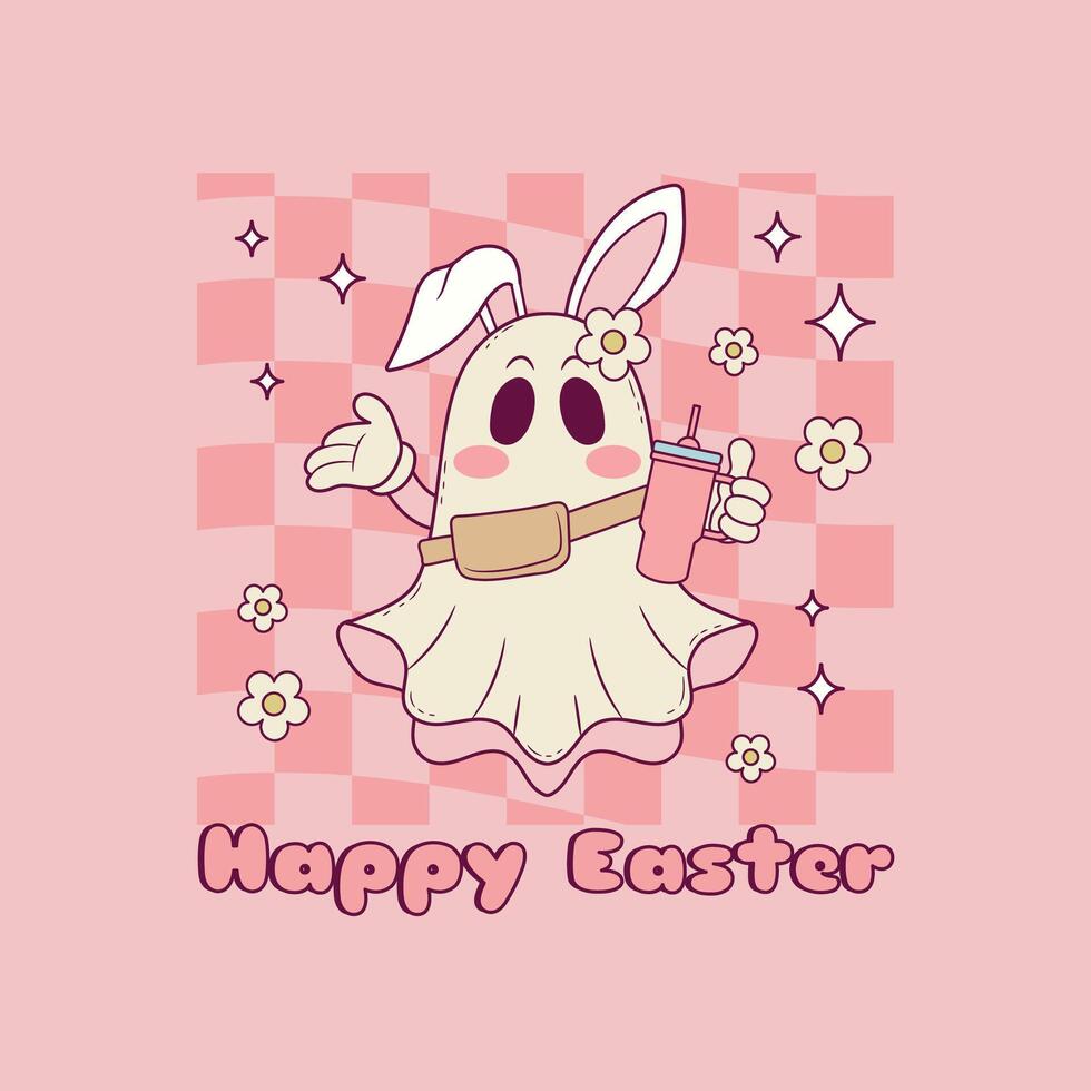 cute retro illustration of ghost with bunny ears for easter vector