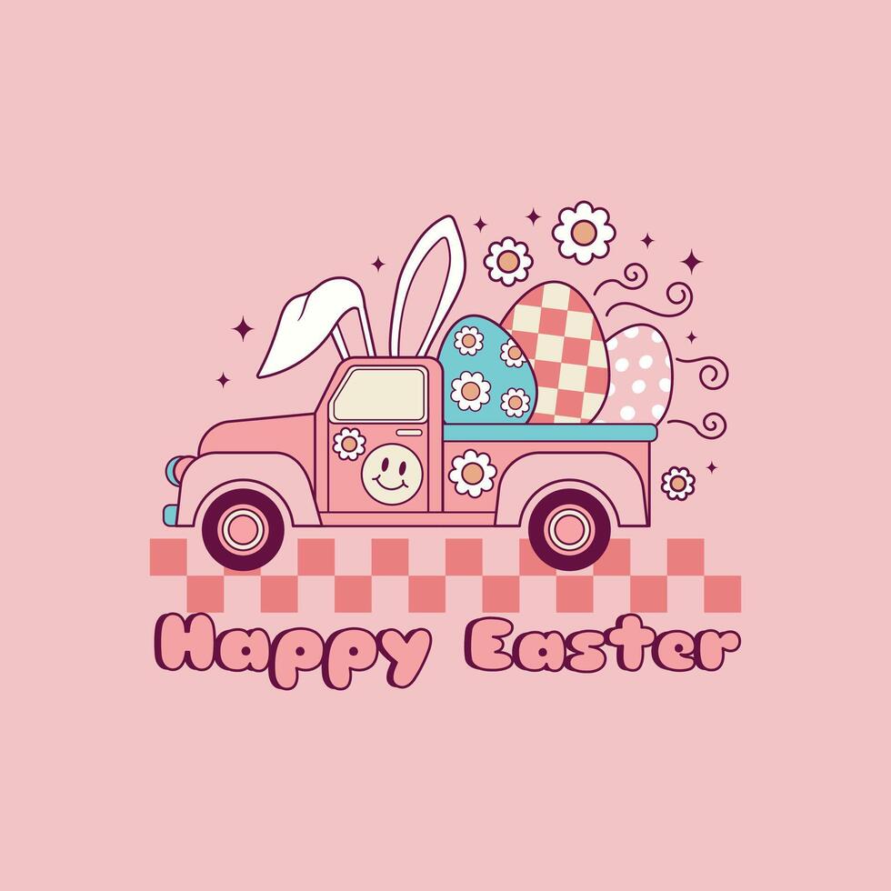 cute retro illustration of truck with easter eggs vector