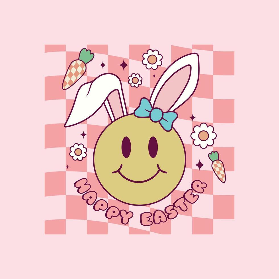 cute retro illustration of happy face with bunny ears for easter holidays vector
