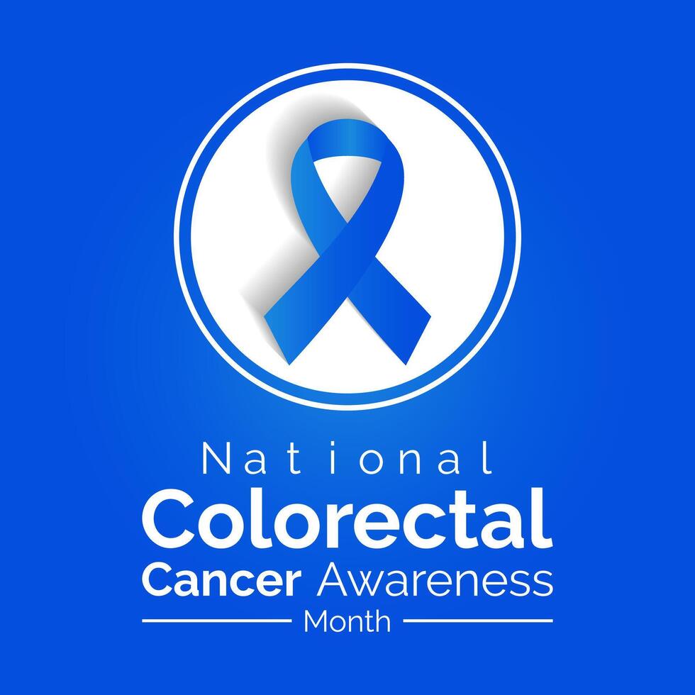 Colorectal Cancer awareness month is March.  Banner, poster, card, background design with  blue ribbon and text. Vector illustration.