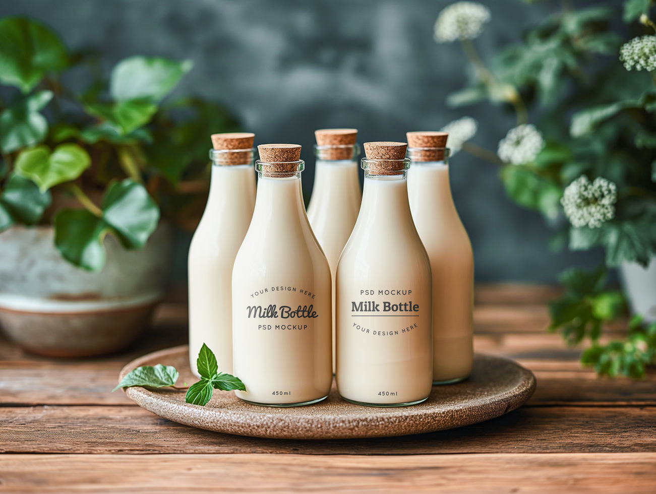 AI generated Glass milk bottle mockup psd