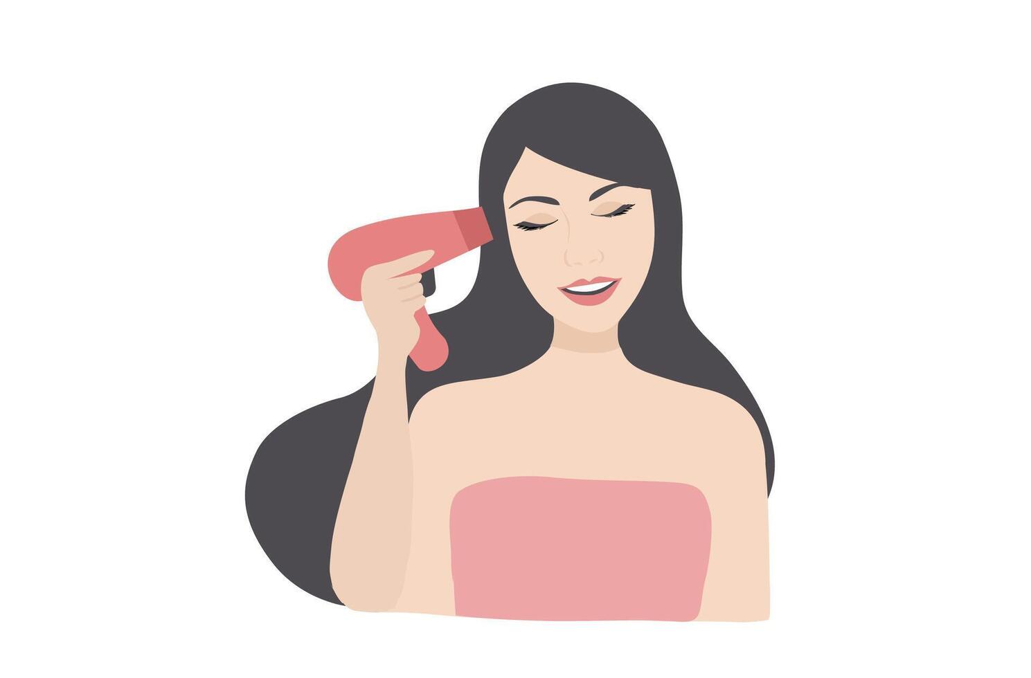 Beautiful young woman drying her hair with dryer. Beauty routine concept vector