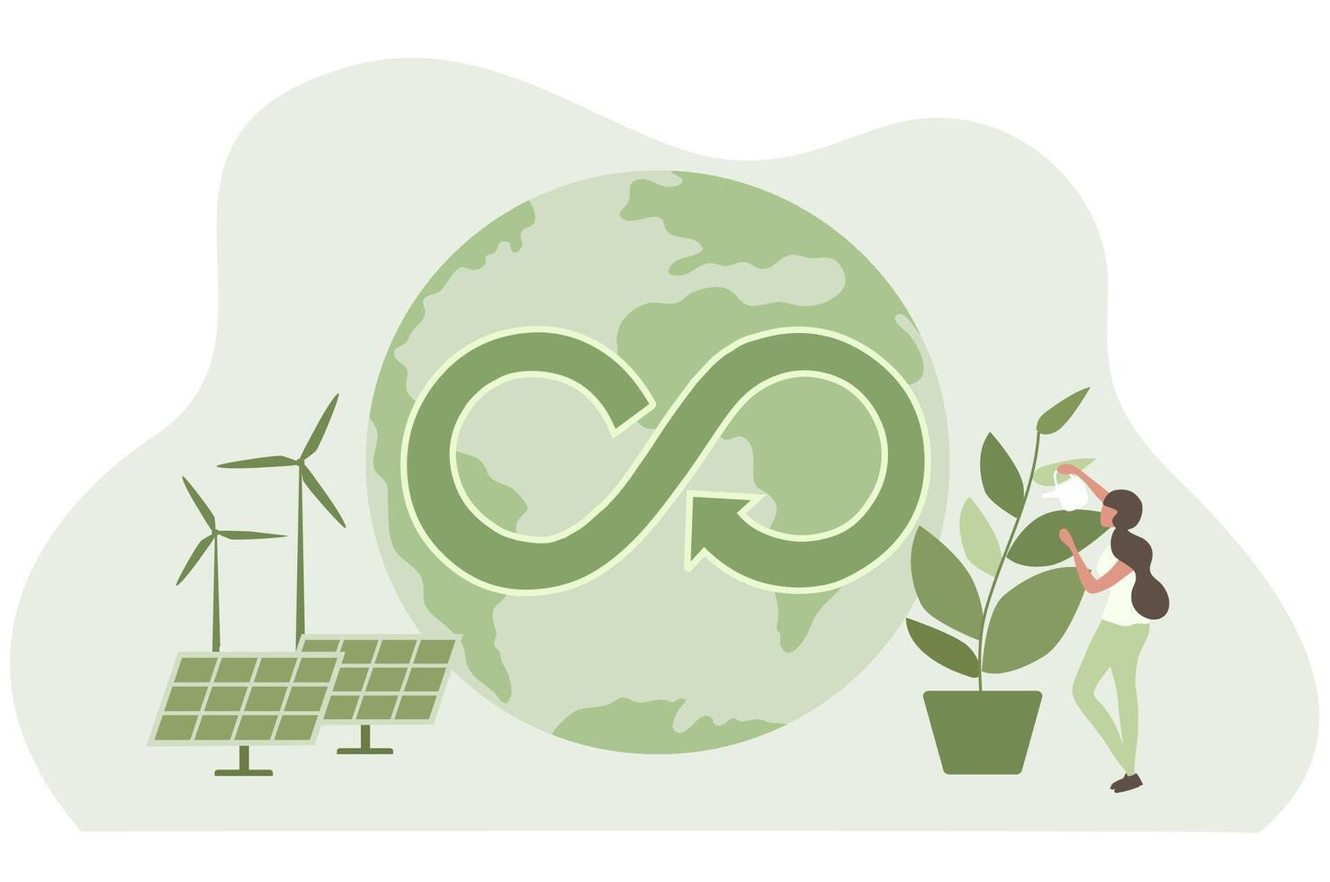 circular economía concepto, global con circular economía icono, viento turbinas y solar panel. sostenible estrategia de eliminar desperdiciar, renovable y reutilizar natural recursos vector