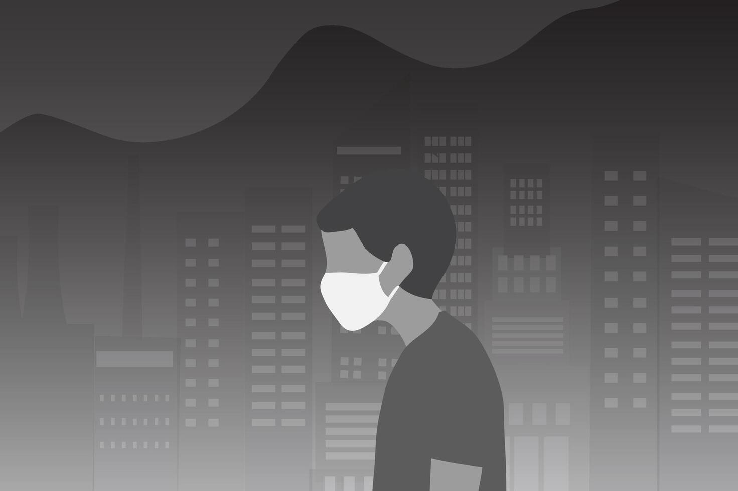 People wearing face masks tor protect smoke, dust and air pollution in city, factory pipes and industrial smog vector illustration. Air pollution concept background