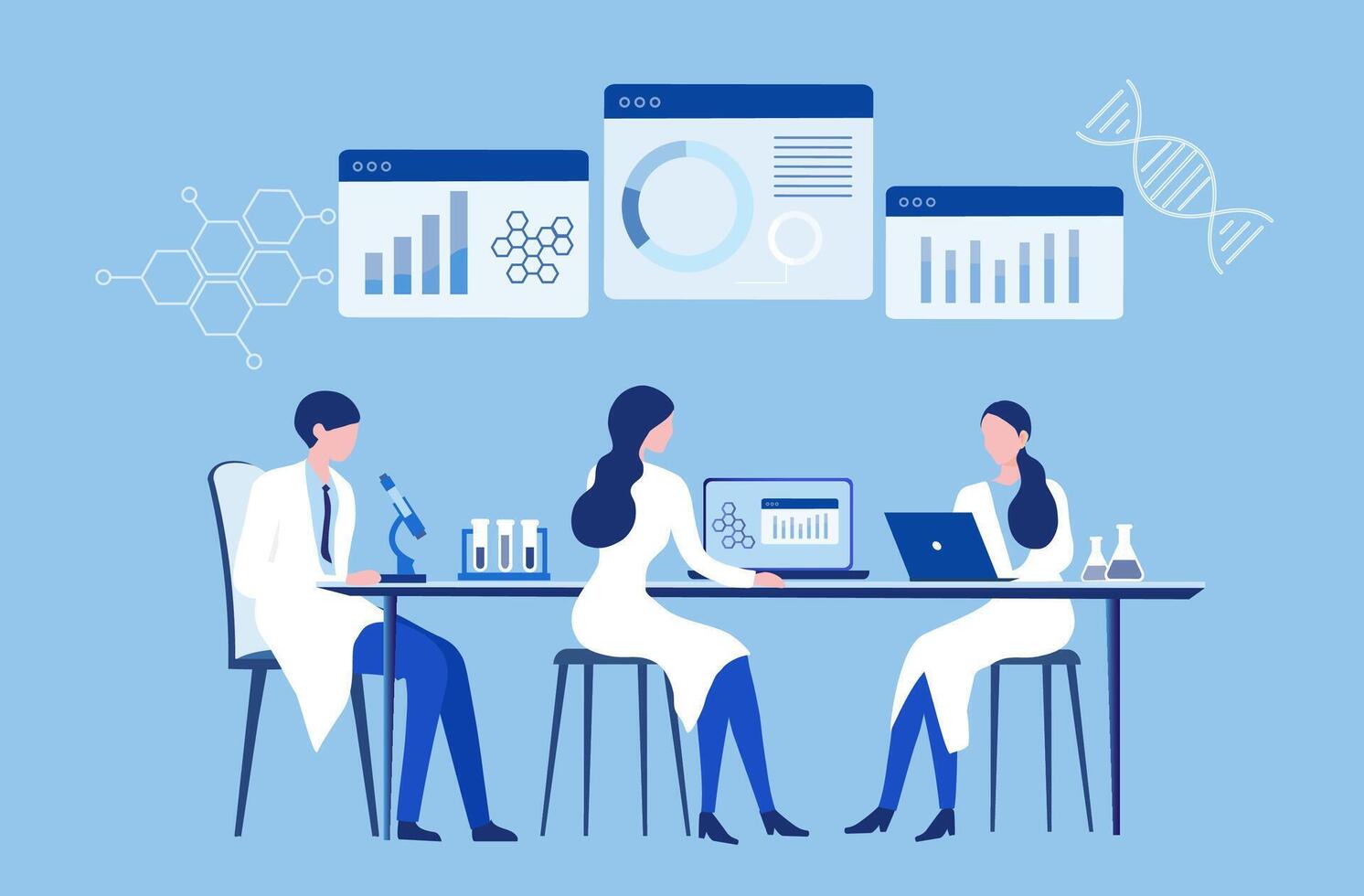 research, researchers, science, specialist, team, teamwork, technology, analysis, analytics, biology, biotechnology, business, businessman, character, chemist, chemistry, clinical, communicati vector