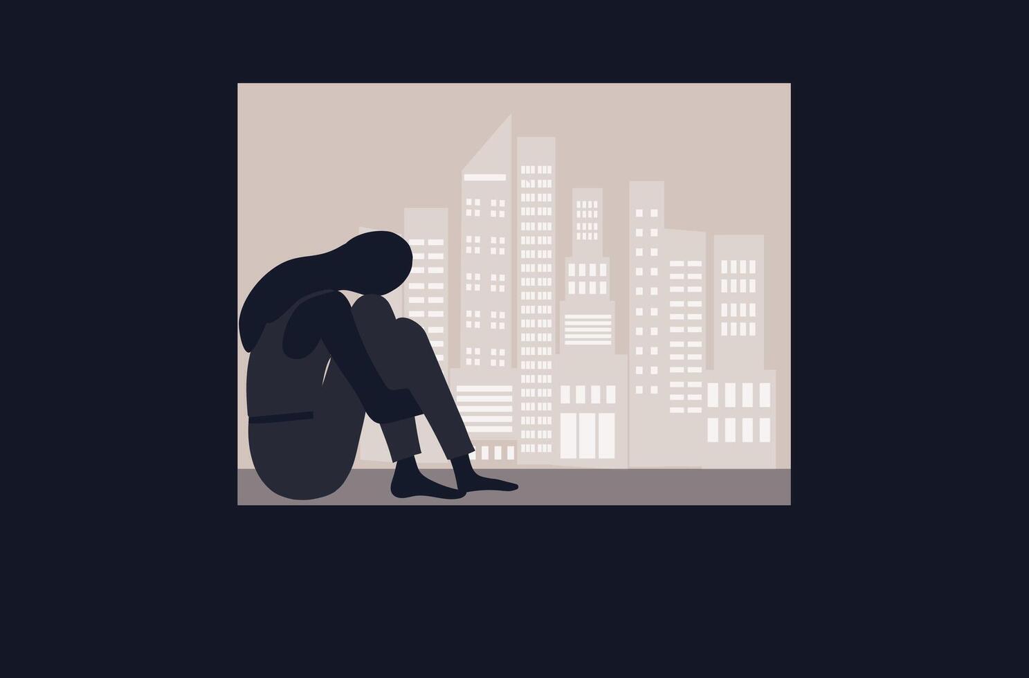 Depressed woman hug her knee sitting on window.Unhappy and stressed, psychology, depression, stress, mental healtlh.and loneliness vector illustration.