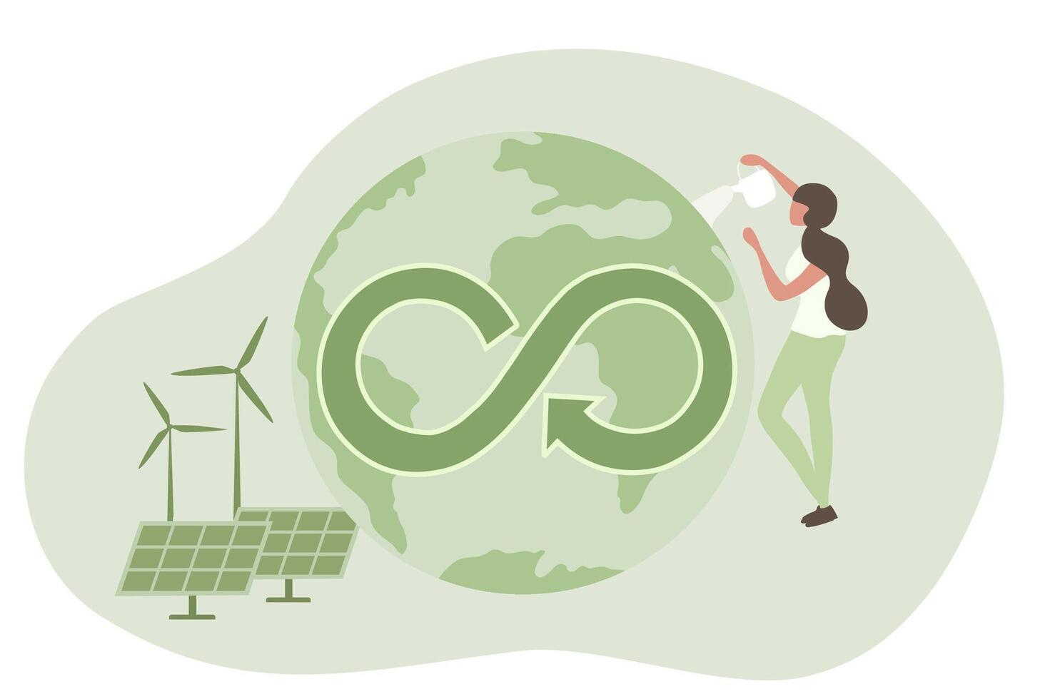 Circular economy concept, global with circular economy icon, wind turbines and solar panel. Sustainable strategy of eliminate waste, renewable and reuse natural resources vector illustration