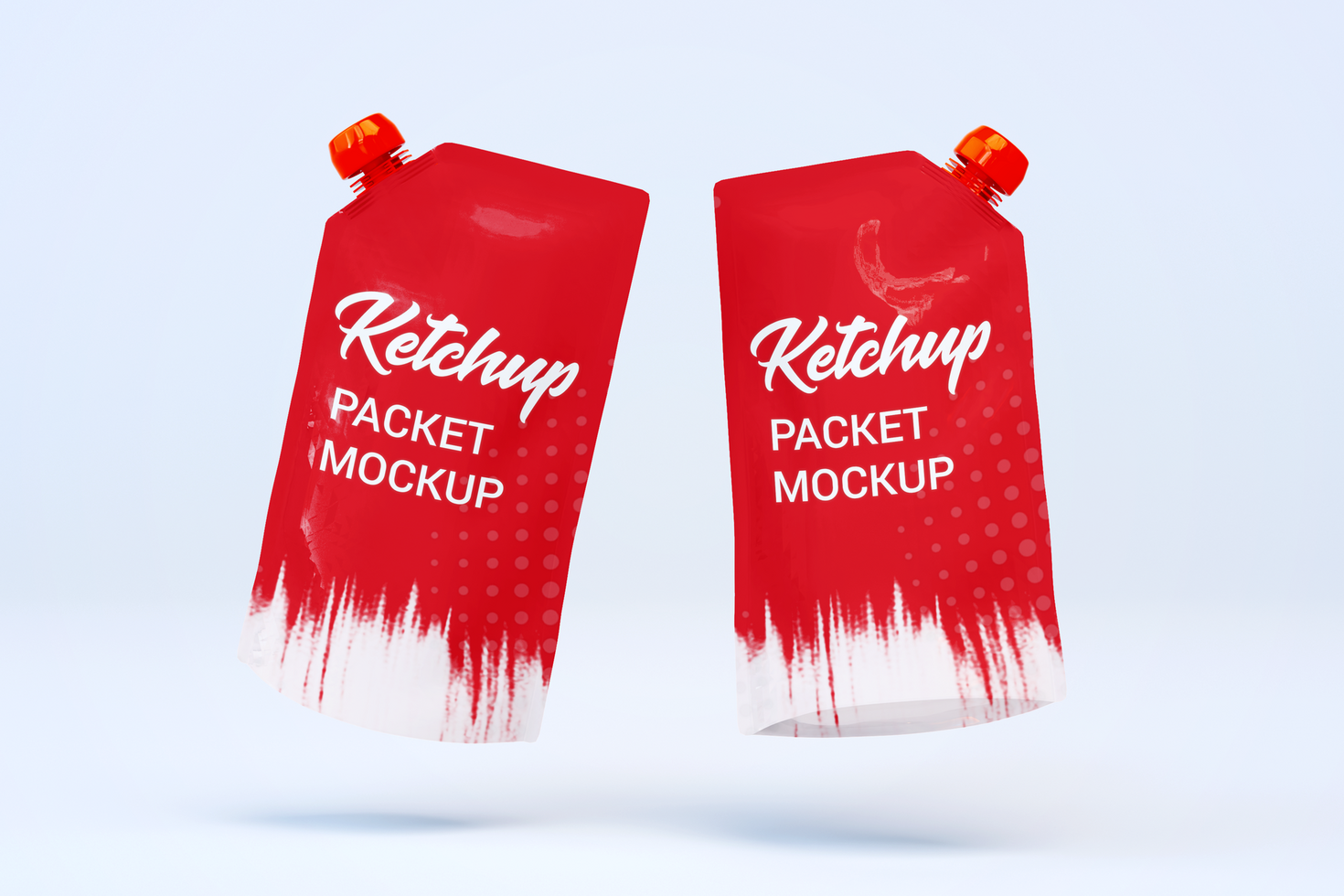 Two floating ketchup packet mockup psd