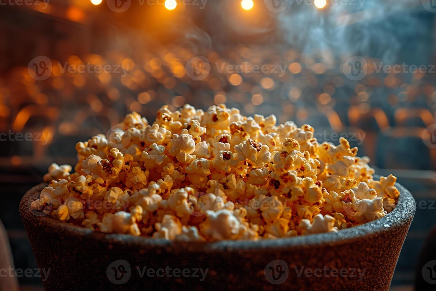 AI generated Popcorn stands in the cinema before the screening of the film. Food at the cinema photo