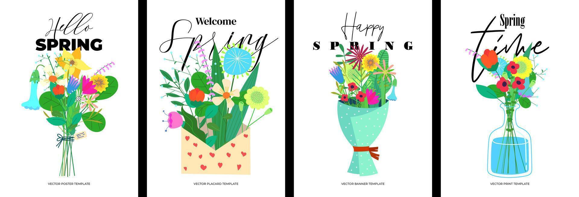 Hello spring postcard with abstract drawing flowers in vase. Floral bouquet art hand drawn greeting card. Botanical on woman holiday design. Summer blooms banner. Herbal plants in envelope eps poster vector