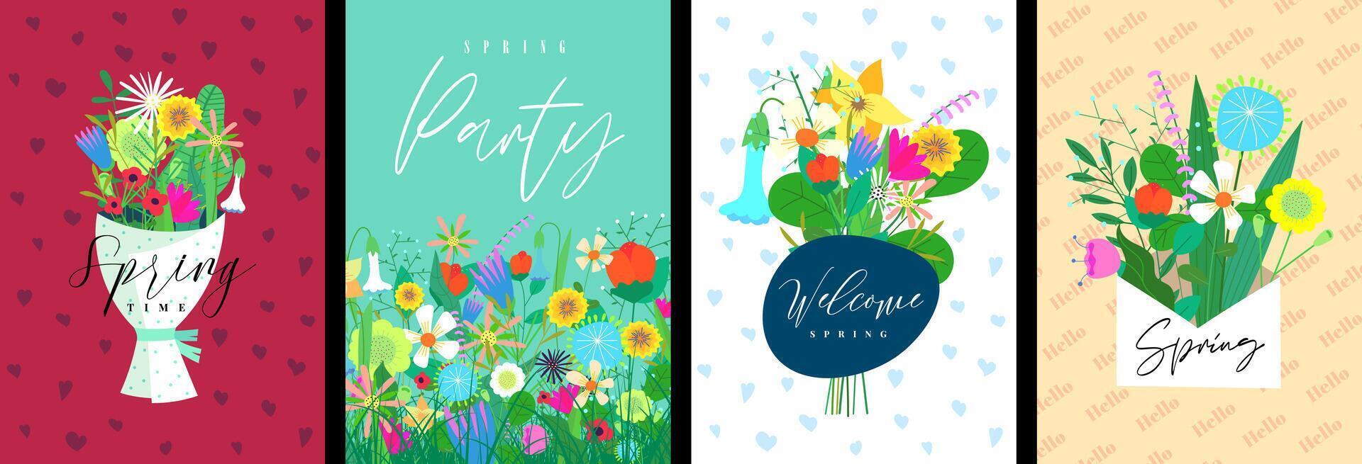 Hello spring abstract flowers bouquet and meadow poster. Floral hand drawn art march women holiday placard set. Springtime artistic print. Springtime herbal plants postcard. Vector eps illustration