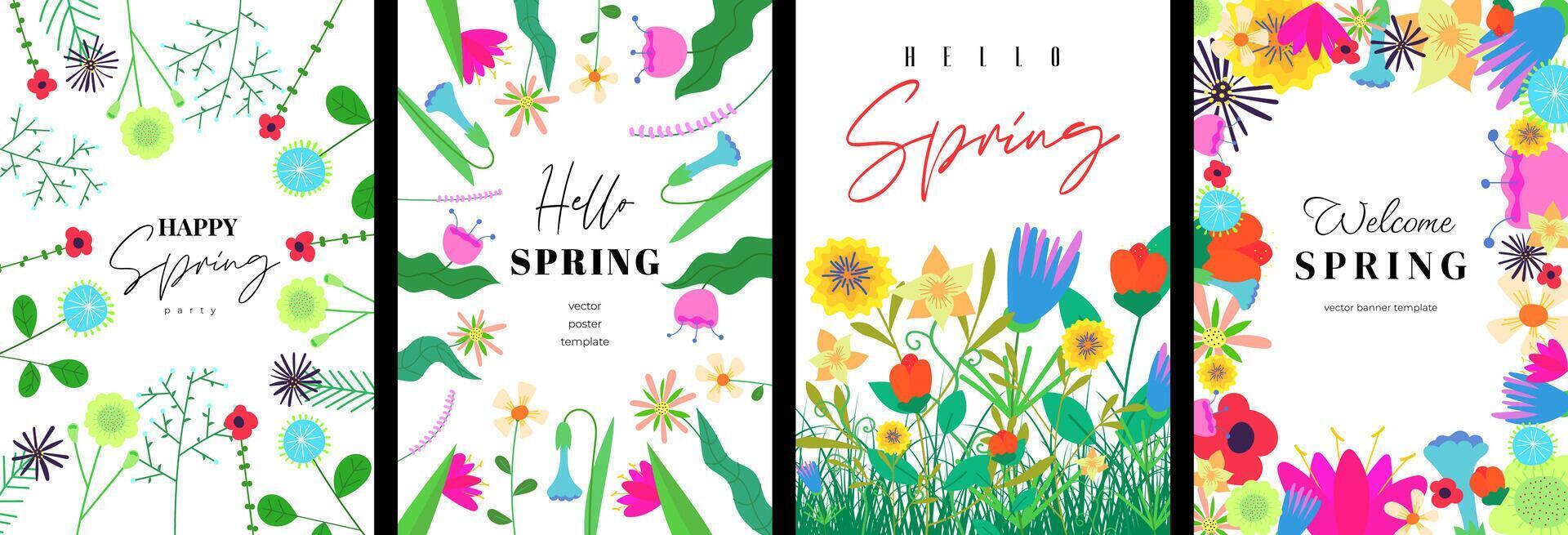 Hello spring poster template set with abstract drawing flowers. Floral art hand drawn placard collection. Botanical elements on woman holiday cover. Banner with summer blooms. Herbal plants postcard vector