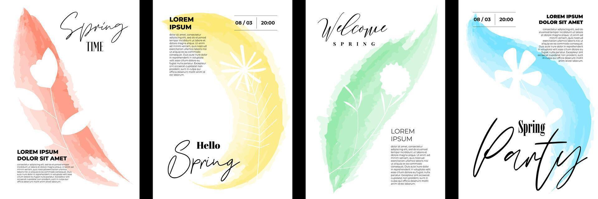 Hello spring poster set with abstract flowers. Floral hand drawn watercolor art march women holiday placard. Springtime artistic paint brush print. Banner with summer blooms. Herbal plants postcard vector