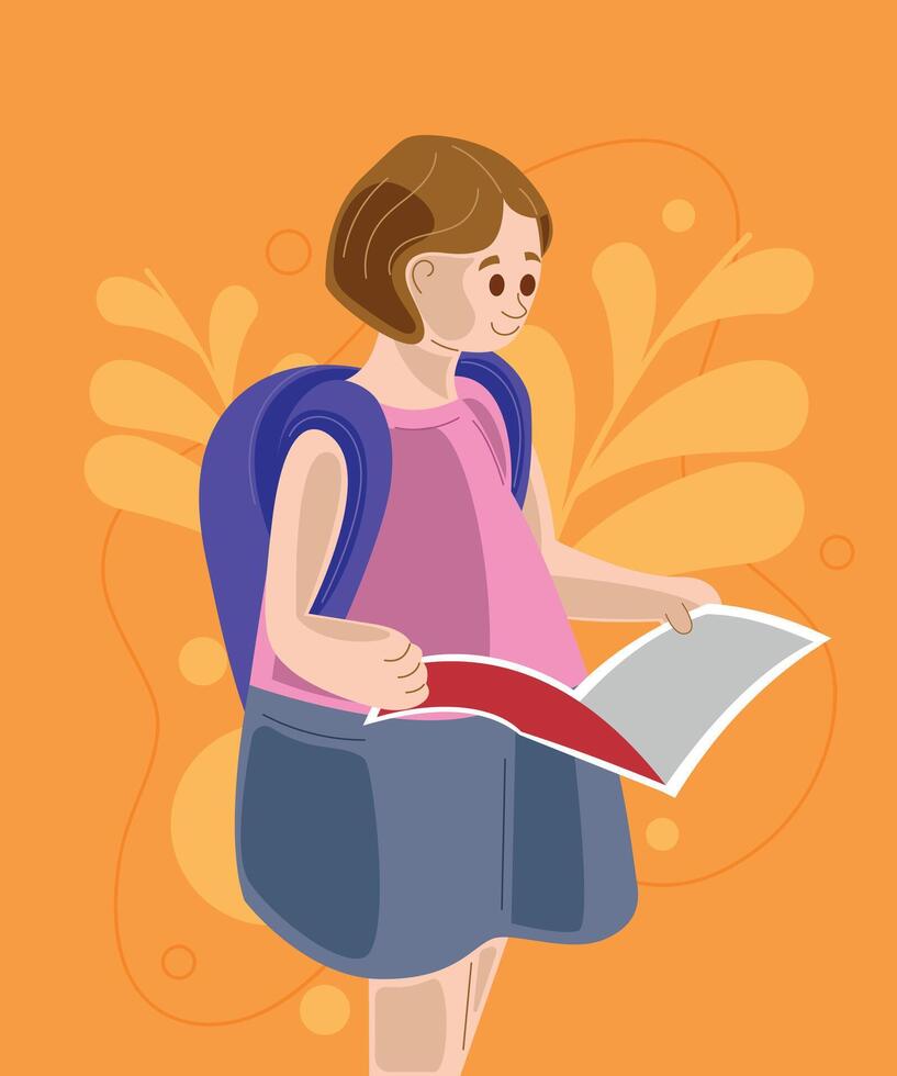 girl studying with an open book and background decoration, vector illustration and flat colors