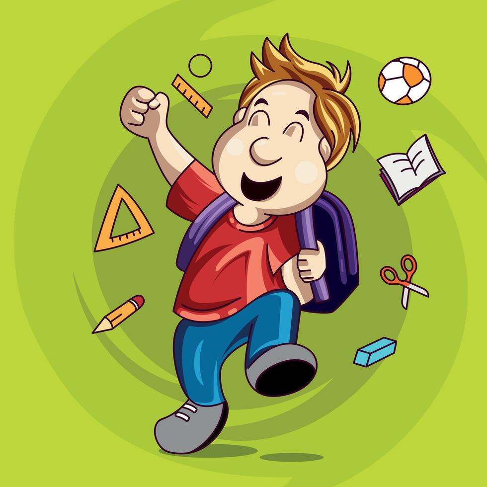 cheerful boy with backpack, children's vector illustration for starting classes at school