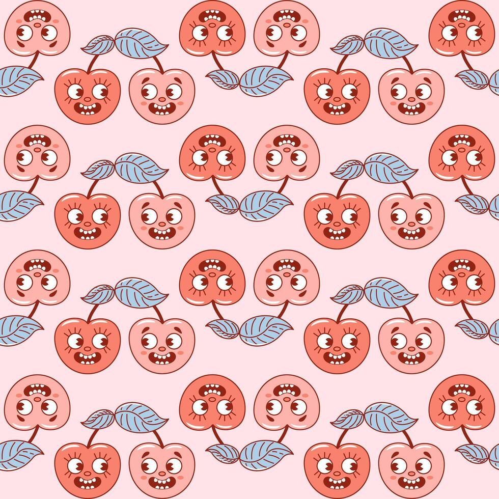 Cherry, a cute retro cartoon character. Groovy vintage summer seamless pattern. Trendy old style. 1970s. Couple in love, Valentines Day. fruits. Healthy food. For menu, cafe, wallpaper. Veganuary. vector