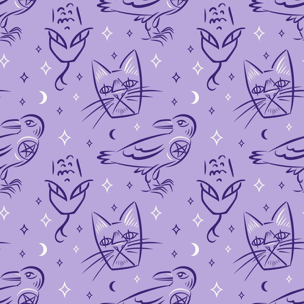 Familiar spirit, seamless pattern. Raven with witch symbol, star. Snake and black cat. Animals in abstract style. Hand drawn magician collection, Witchcraft. For Halloween, wallpaper, background vector