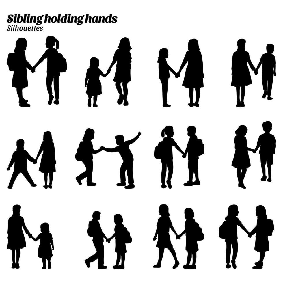 Collection of silhouettes of children holding hands of siblings vector