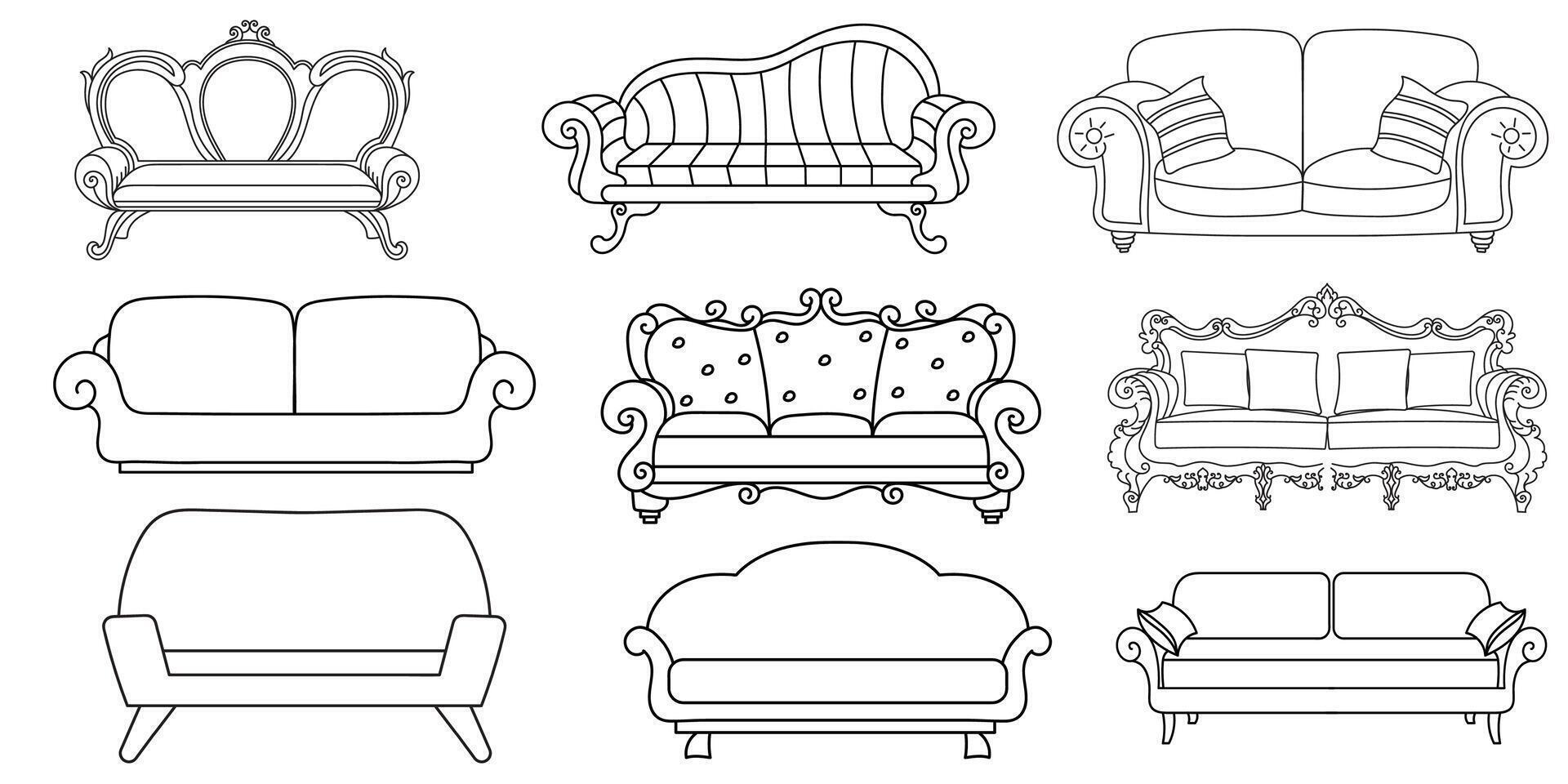 Sofa line Icons. Furniture design. Collection of sofa illustration. Modern furniture set isolated on white background. vector