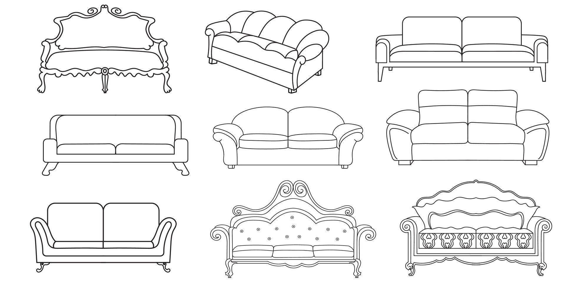 sofá línea iconos mueble diseño. colección de sofá ilustración. moderno mueble conjunto aislado en blanco antecedentes. vector