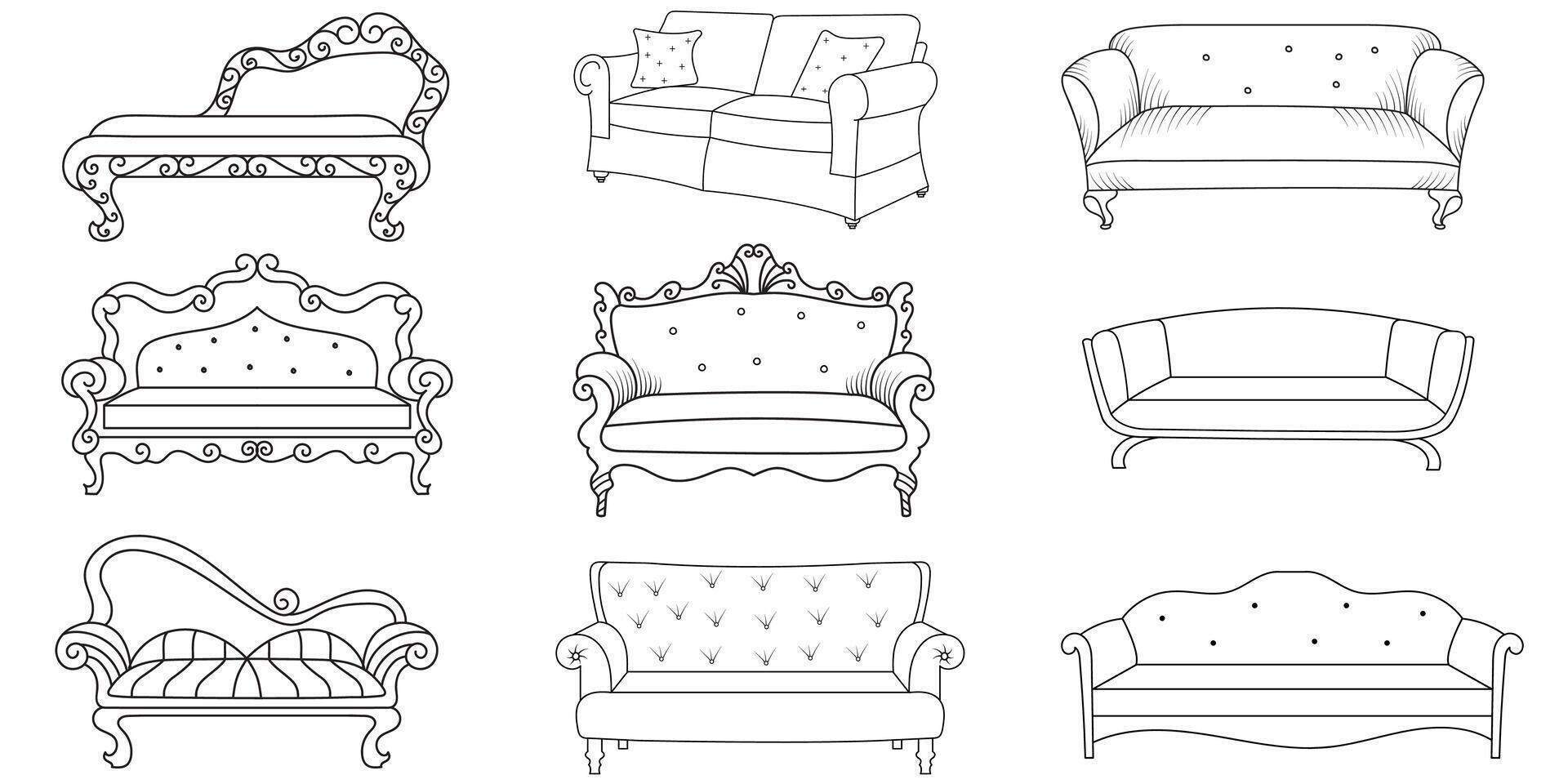 sofá línea iconos mueble diseño. colección de sofá ilustración. moderno mueble conjunto aislado en blanco antecedentes. vector