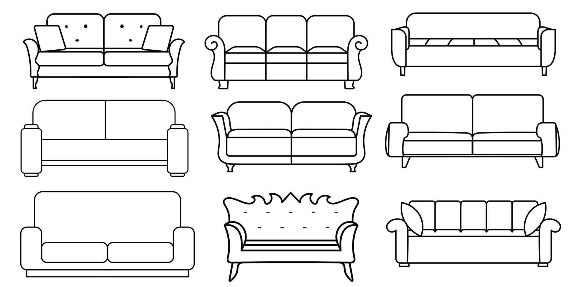 Sofa line Icons. Furniture design. Collection of sofa illustration. Modern furniture set isolated on white background. vector