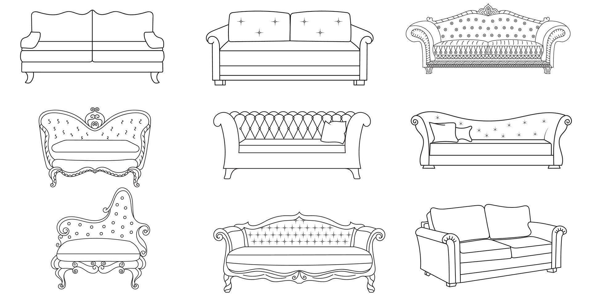 Sofa line Icons. Furniture design. Collection of sofa illustration. Modern furniture set isolated on white background. vector