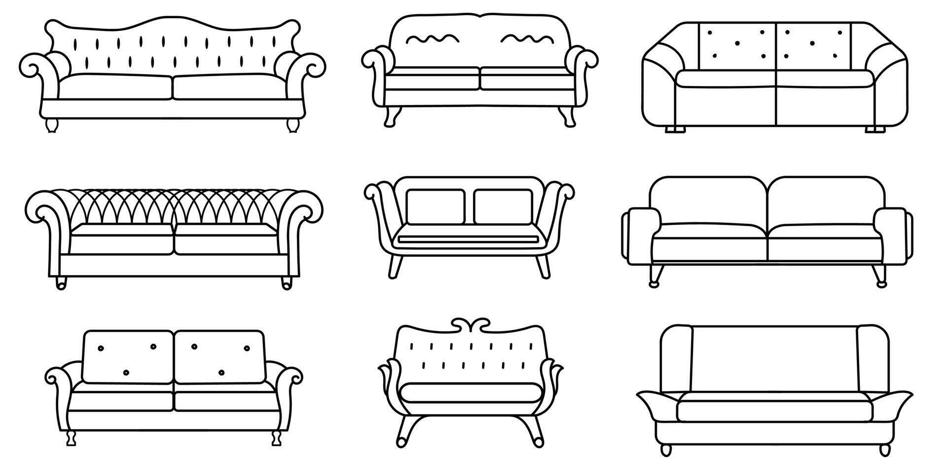 Sofa line Icons. Furniture design. Collection of sofa illustration. Modern furniture set isolated on white background. vector