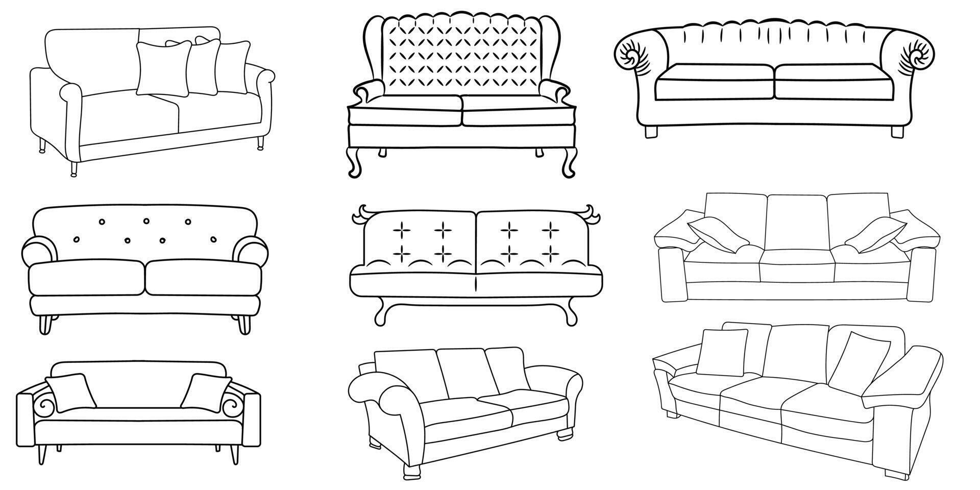 Sofa line Icons. Furniture design. Collection of sofa illustration. Modern furniture set isolated on white background. vector