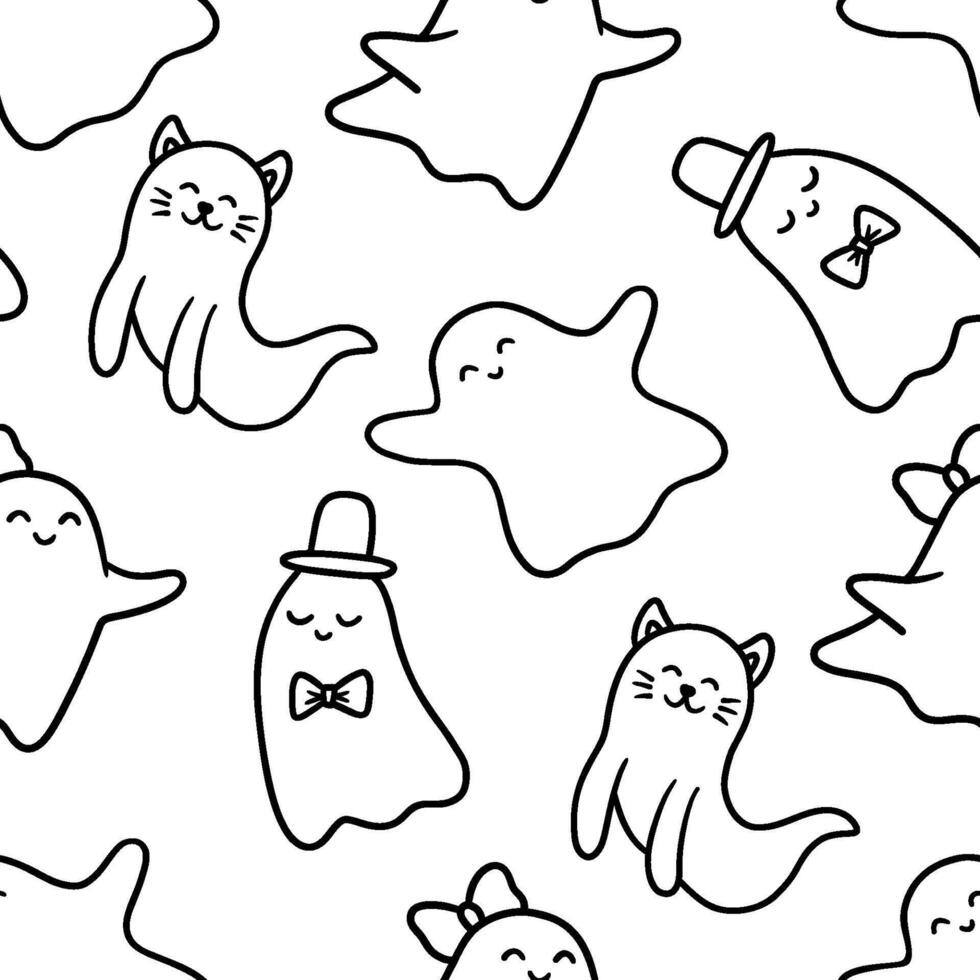 Vector Seamless pattern with simple cute ghost, outline illustration isolated on white. Ghost girl with bow, cat.