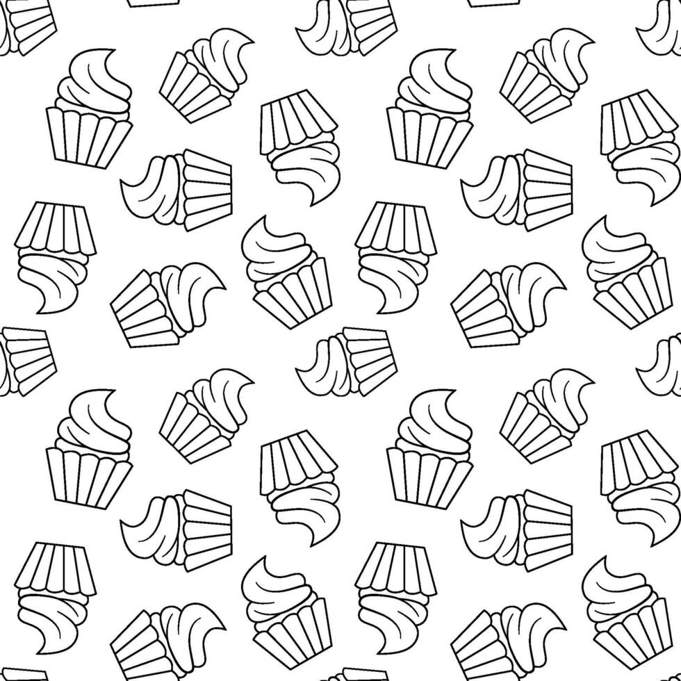 Seamless line monochrome pattern with muffin. Cupcake. Outline hand drawn sketches. vector