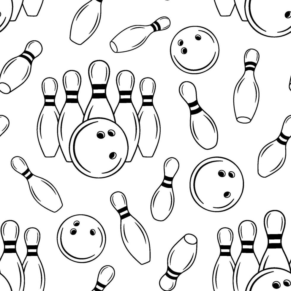 Seamless line monochrome pattern with bowling pins and ball. Simple outline skittles with ball. Vector sport background.