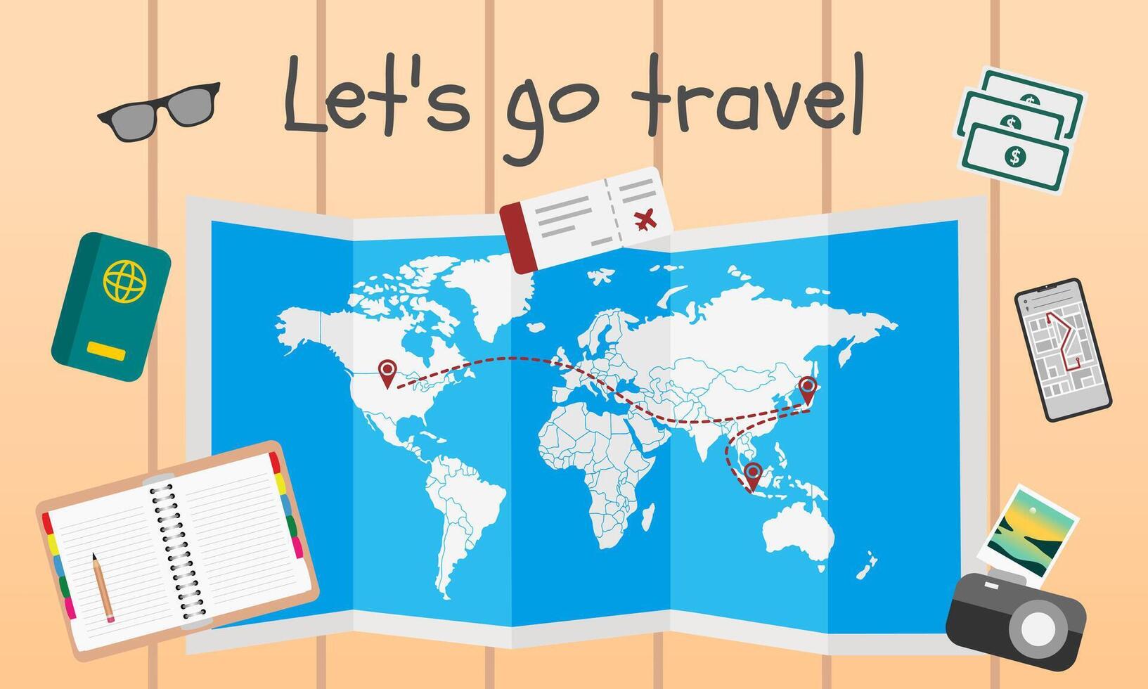 Travel and tourism concept with paper map, digital camera, passport, ticket, sunglasses, smartphone, money, and notebook. Vector illustration.