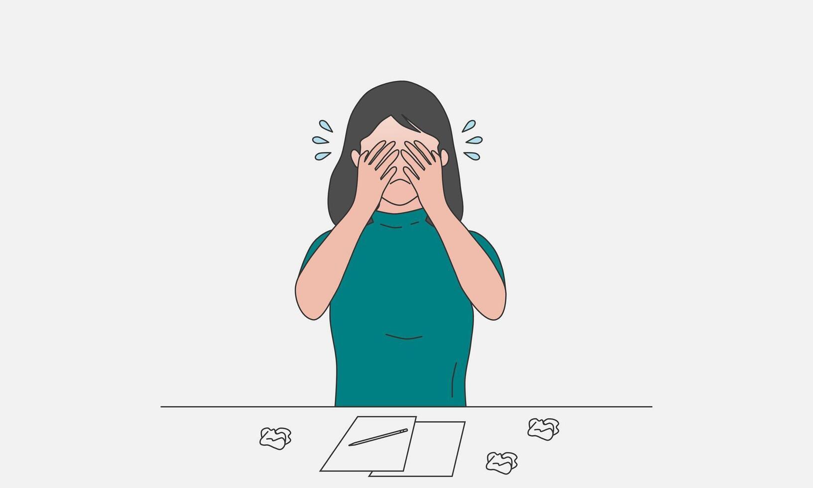 A crying woman. Depressed woman cover her face with hands. Vector illustration.