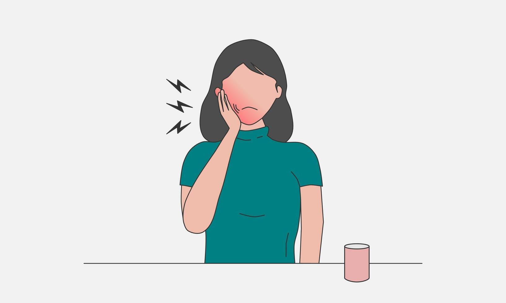 Woman holding her cheek because of toothache. Vector illustration.