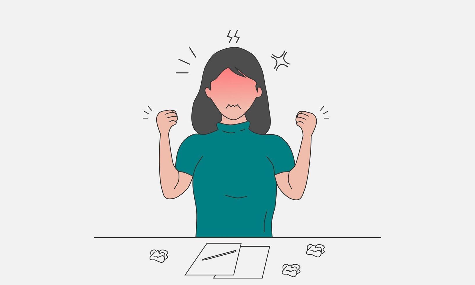 Angry woman expression with clenched fists. Vector illustration.