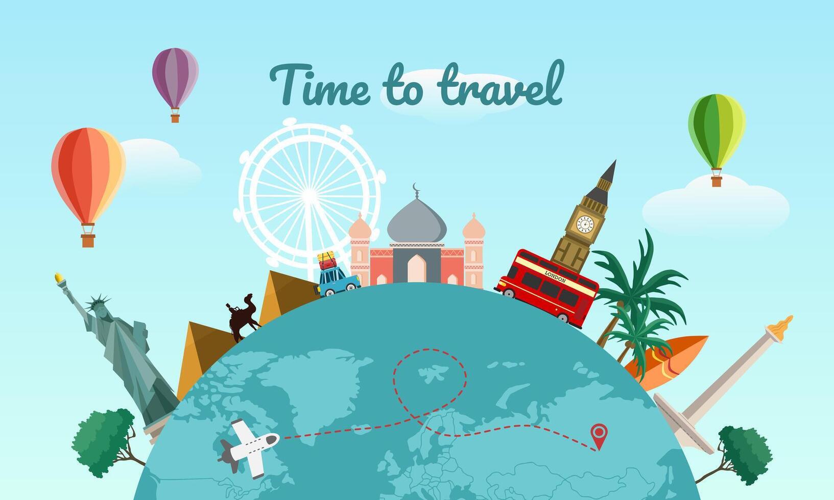 Travel around the world concept with famous world landmarks. Vector illustration.