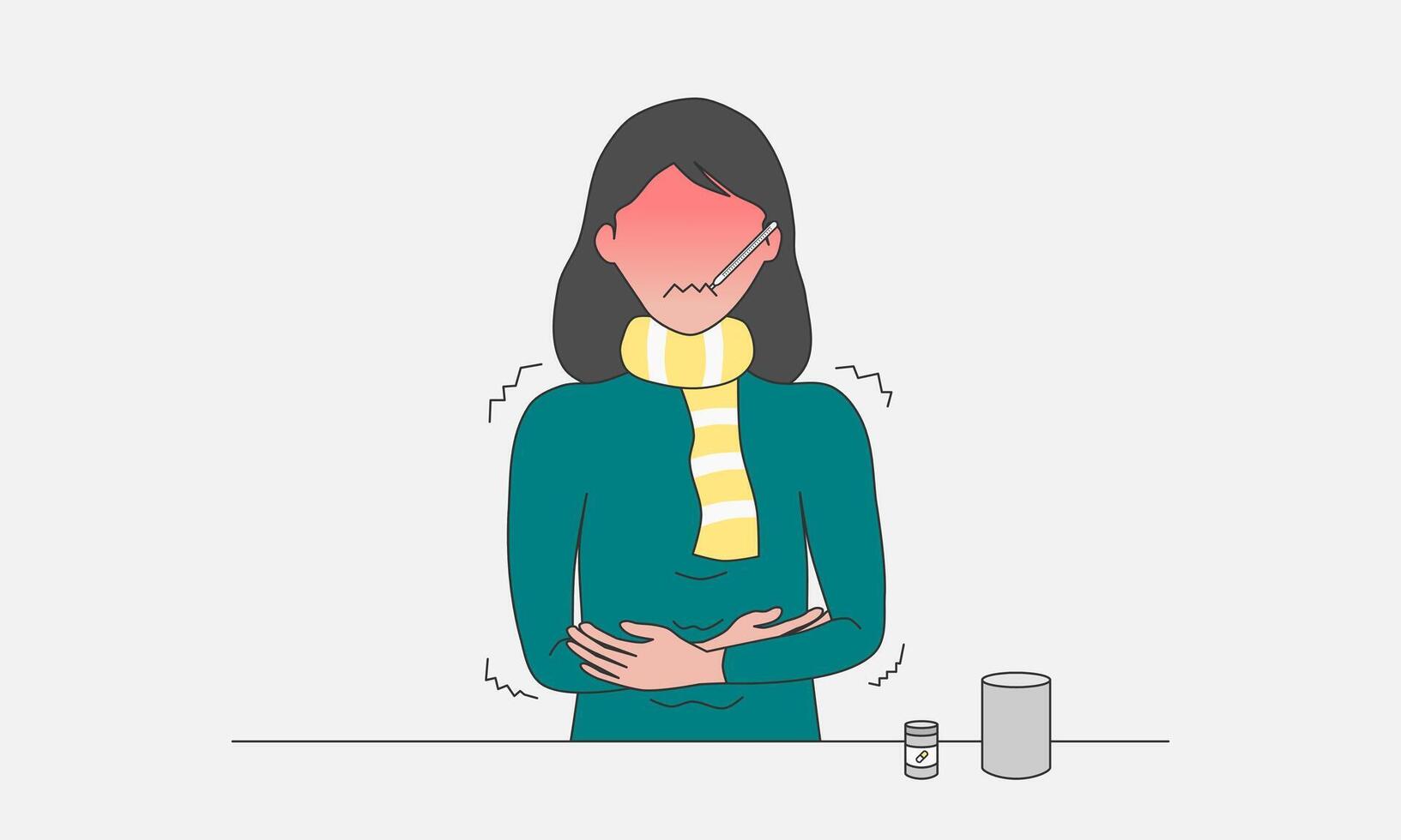 Woman feeling sick having high fever symptoms. Woman wearing scarf feeling sick. Cold or influenza disease concept. Vector illustration.