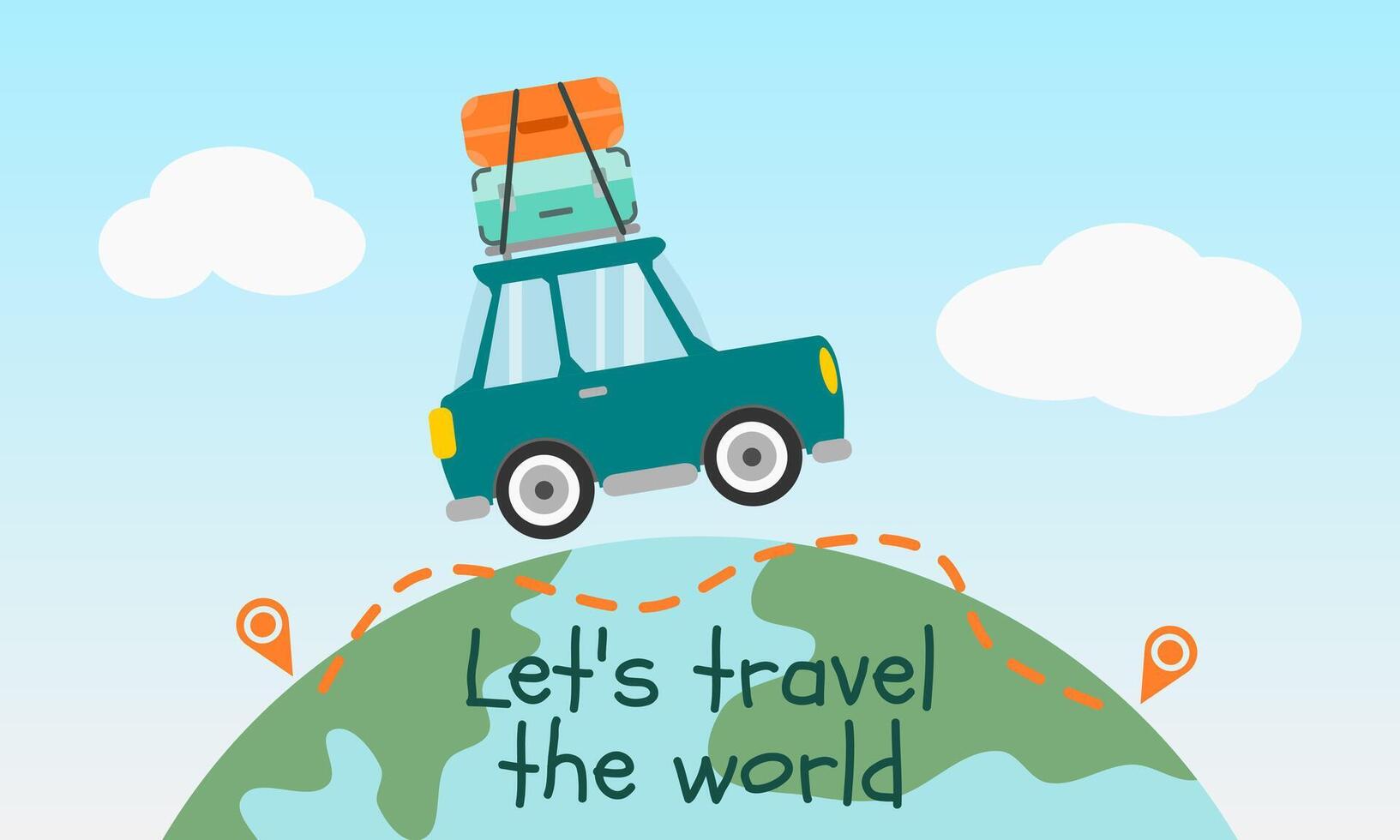 Travel by car and map concept. A car on the planet earth. Road trip concept. Vector illustration.