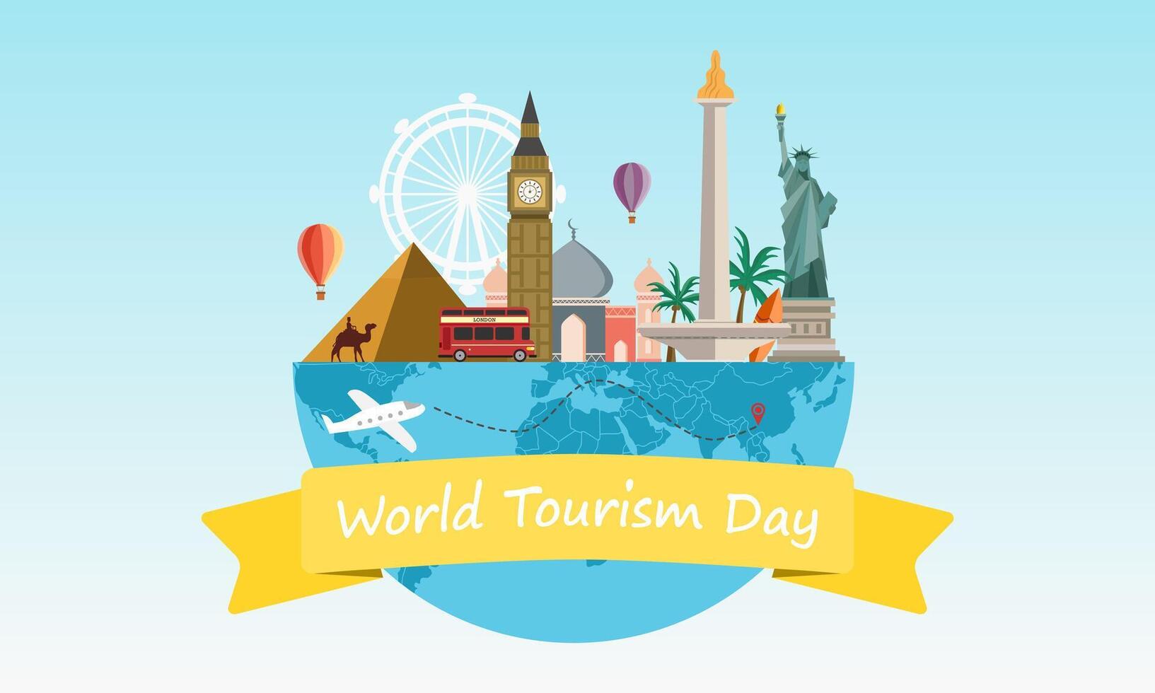 Travel around the world concept with famous world landmarks. World tourism day. Vector illustration.