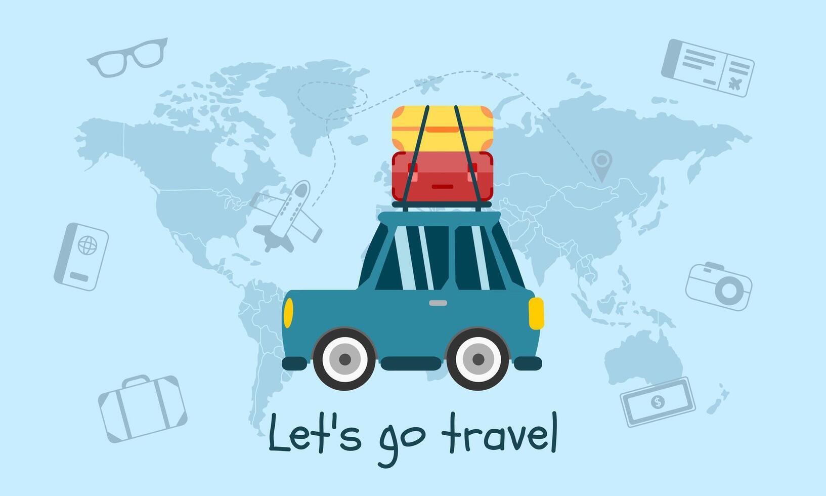 Travel by car and map concept. A car on the planet earth. Road trip concept. Vector illustration.