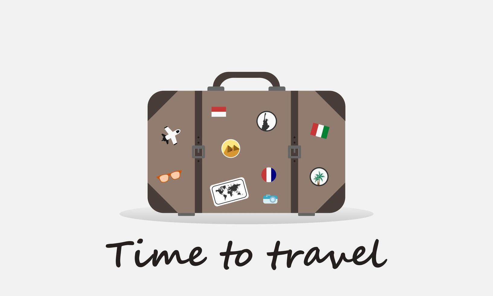 Travel concept with old vintage leather suitcase with travel stickers. Time to travel. Vector illustration.